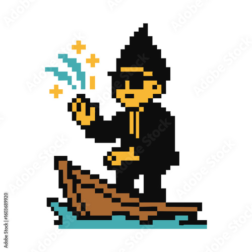 Pixelated character in sunglasses and black suit, holding a glowing object while standing on a wooden raft in water.