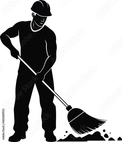 Illustration of a worker sweeping with a broom showcasing manual labor and cleaning services