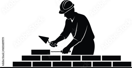 Illustration of a bricklayer laying bricks with a trowel representing construction and masonry work