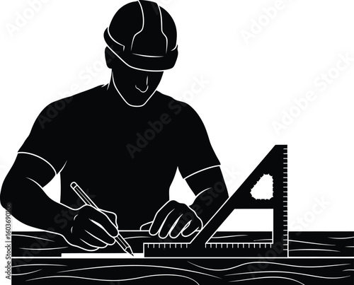 Vector art of a construction worker silhouette measuring wood with precision highlighting the importance of accuracy in building
