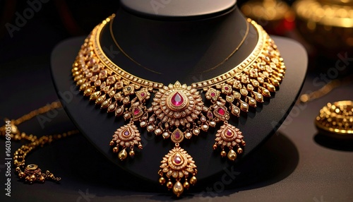 Exquisite gold necklace with intricate designs and gemstones displayed elegantly on a stand