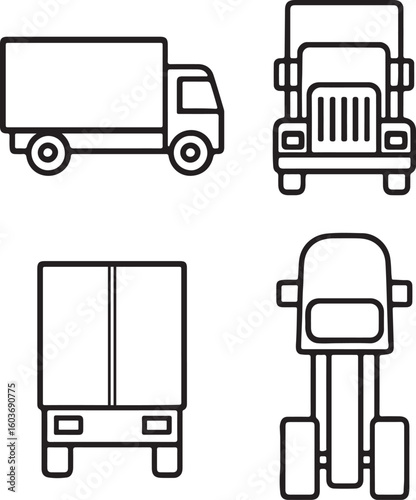 Line drawing semi truck icons set side, front, back, and top views vector art illustration
