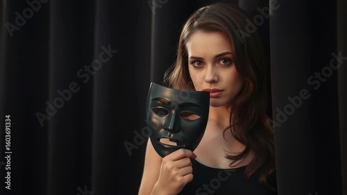 A woman holds a black theater mask in front of her face, with a dark curtain in the background