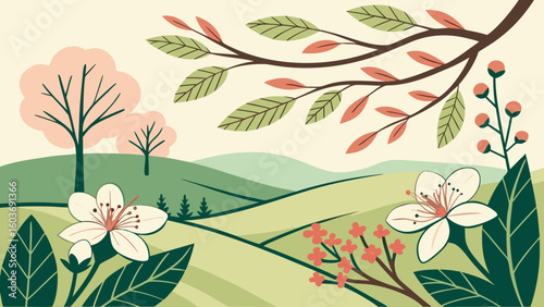 Stylized spring landscape with blooming flowers and trees