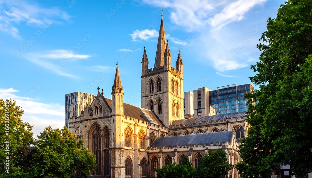 Fototapeta premium Cathedral at dawn, modern city backdrop