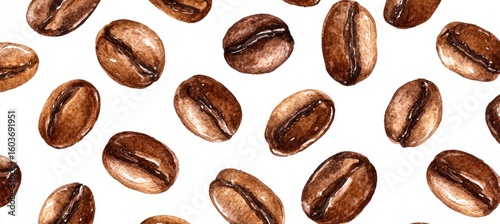 Scattered watercolor coffee beans on white (2)