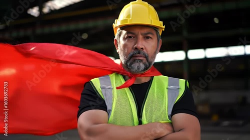 Serious Middle Aged Man in Yellow Hardhat Red Cape Safety Vest and Arms Crossed with Blurred Industrial Background