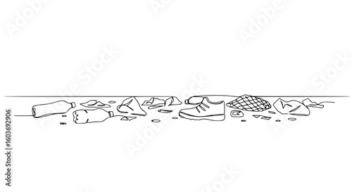 Garbage and trash scattered on ground in single line outline vector  