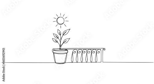 Minimalist line art illustration of a plant on a sunny windowsill  