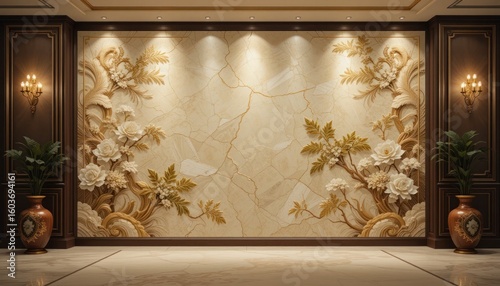 Elegant 3D Floral Wall Art in Beige and Gold Tones