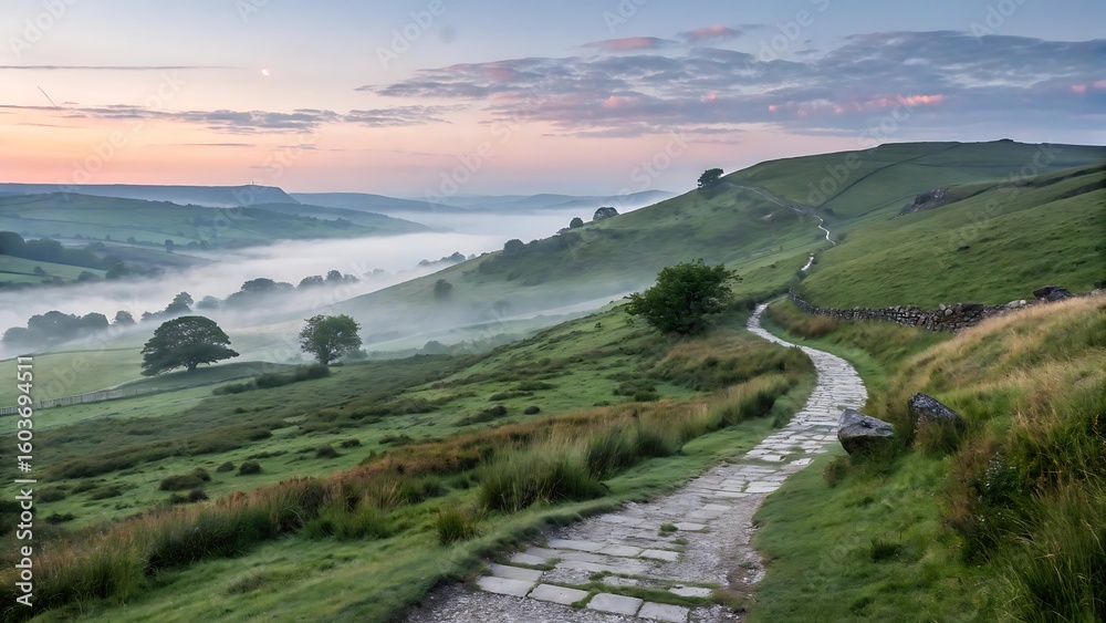 Fototapeta premium A winding path through misty green rolling hills