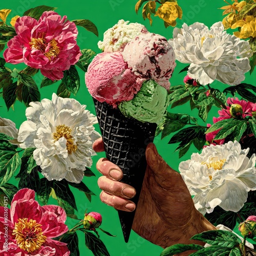 Hand holding ice cream cone surrounded by peonies