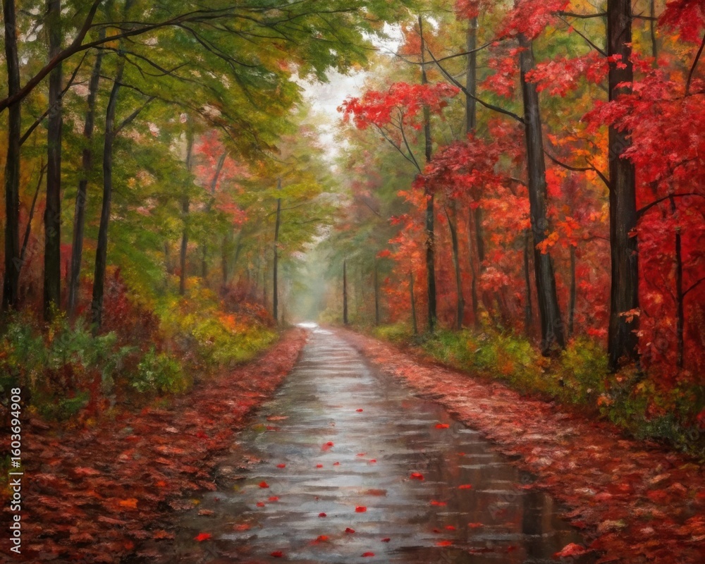 Obraz premium Impressionistic oil painting of a wet forest path lined with vibrant autumn foliage