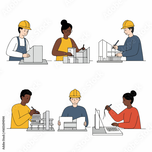 Diverse professionals in architecture and construction industry collaborating on building design and planning with models and digital tools.