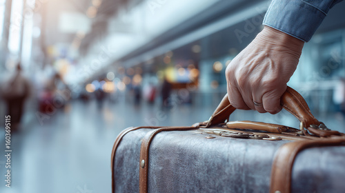 Hand of an elderly person holding onto the handle of a vintage suitcase, with a blurred crowded airport background.