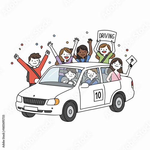 Joyful group of diverse young people celebrating a driving milestone with cheers, confetti, and a new driver at the wheel, symbolizing achievement and freedom.