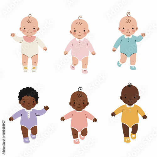 Diverse and joyful cartoon babies taking their first steps, illustrating early childhood development and infant play on a white background.