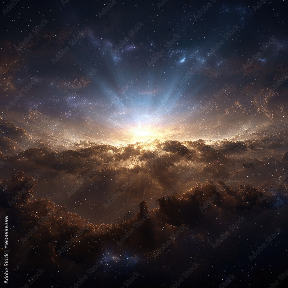 Fototapeta premium Celestial sunrise through cloudscape, radiant light beams