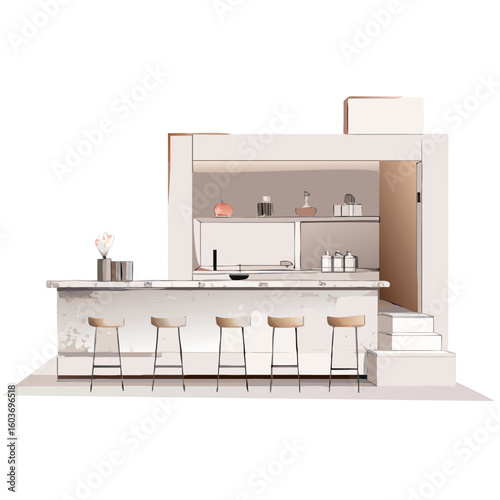 Modern self-service restaurant kitchen design with bar stools and counter  