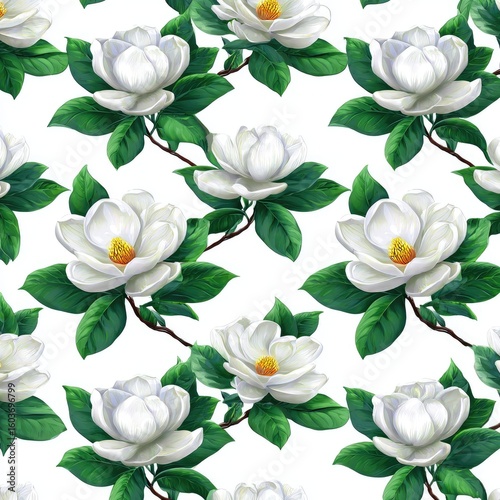 White magnolia blossoms and green leaves repeat on white
