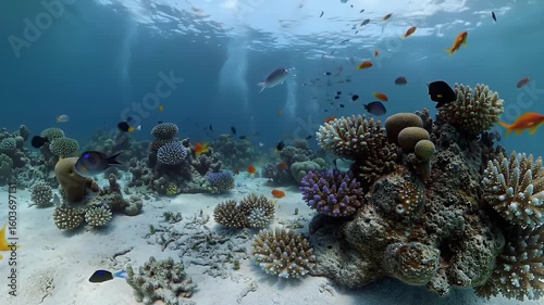 Underwater Coral Reef Ecosystem with Abundant Fish and Sunlight Streaming Through Turquoise Water