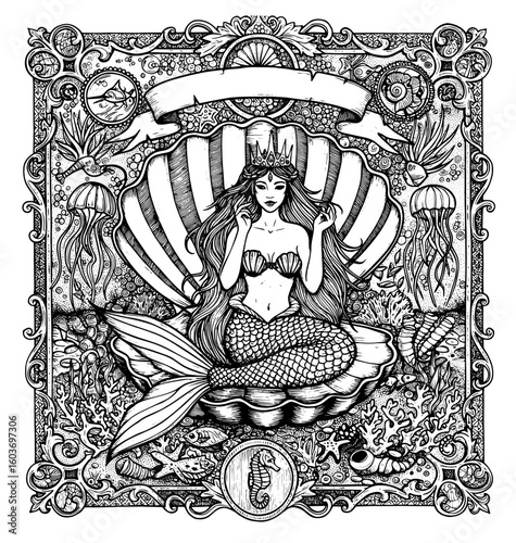 Intricate vintage mermaid illustration sitting in shell throne, surrounded by ornate underwater elements, corals, jellyfish, and sea creatures.