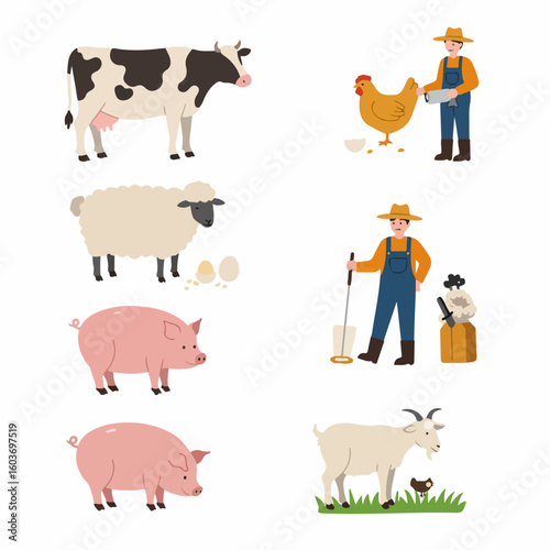 Farm life illustration with various domestic animals like cows, sheep, pigs, goats, and chickens, alongside farmers engaged in agricultural activities.