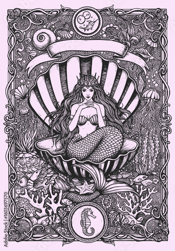 Obraz na płótnie Intricate vintage mermaid illustration sitting in shell throne, surrounded by ornate underwater elements, corals, jellyfish, and sea creatures