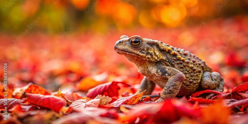 Fototapeta premium A solitary amphibian amidst a carpet of autumnal foliage, basking in the warm hues of the season