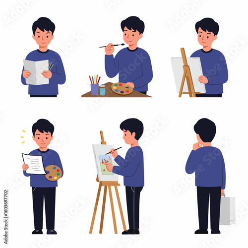 Illustrations of a Young Artist at Work: Sketching, Painting, and Creative Process
