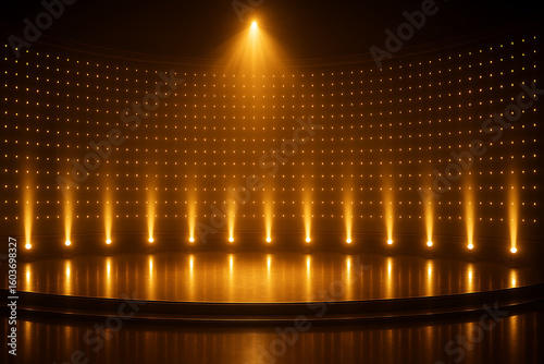 An empty golden stage with spotlights, ready for a show or award ceremony.