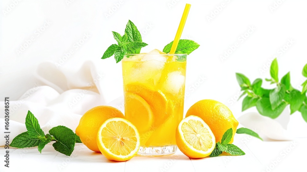 Fototapeta premium Refreshing lemonade in a glass with ice and lemon slices.