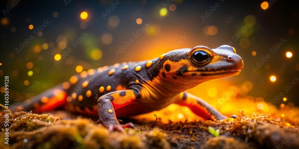 Fototapeta premium A captivating close-up of a vibrant amphibian, its skin adorned with striking orange and black markings, basking in the warm glow of ambient light, a magical scene evoking a sense of wonder