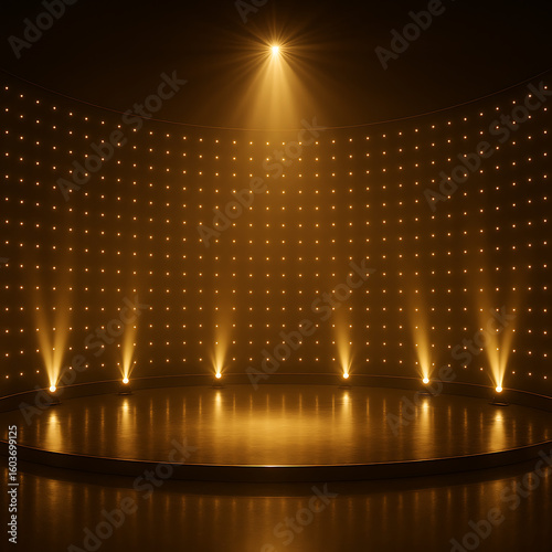 An empty golden stage with spotlights, ready for a show or award ceremony.