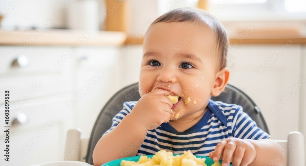 Baby Child Eating Food Sitting in High Chair in Bright Kitchen Baby Child Eating Food Sitting in High Chair in Bright Kitchen