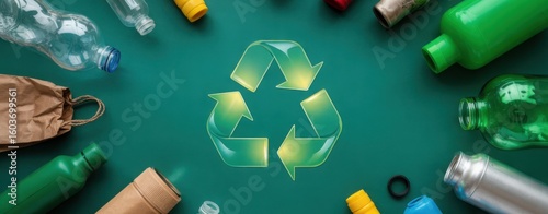Recycling symbol surrounded by various recyclable materials on a green background
