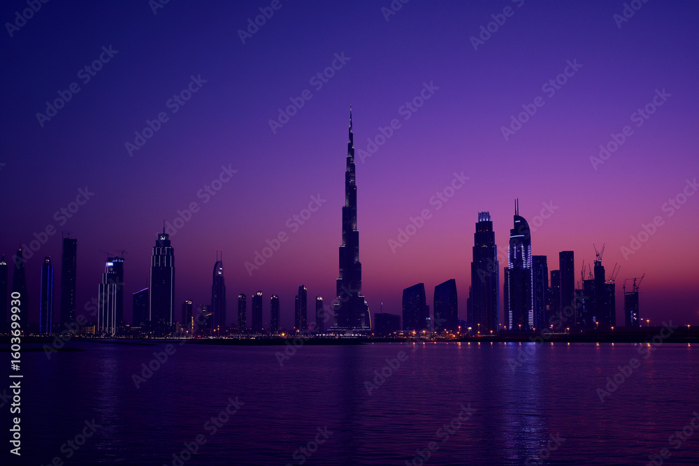 Fototapeta premium City Skyline at Dusk Reflecting on the Water