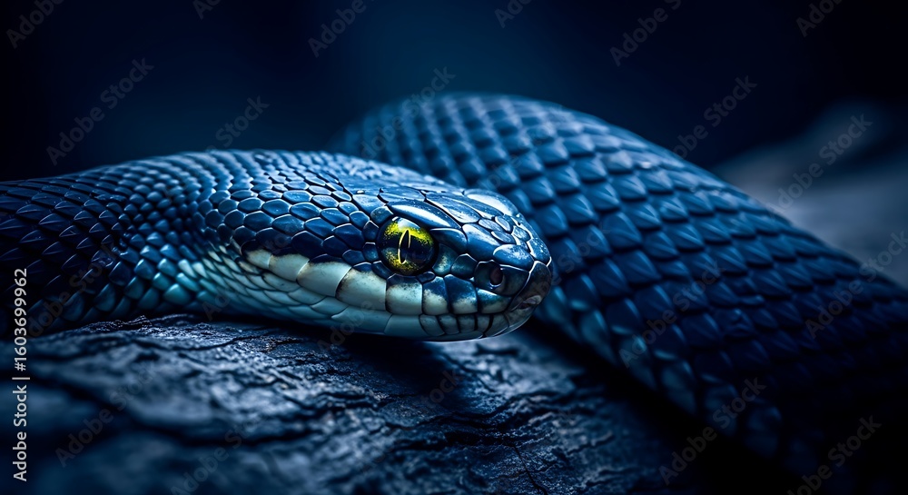 Obraz premium Close up of a coiled dark blue snake with bright yellow eyes