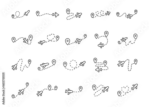Airplane route direction set in outline line art with travel paths, dotted flight lines, location pins and aviation symbols for map navigation illustration and creative designs projects