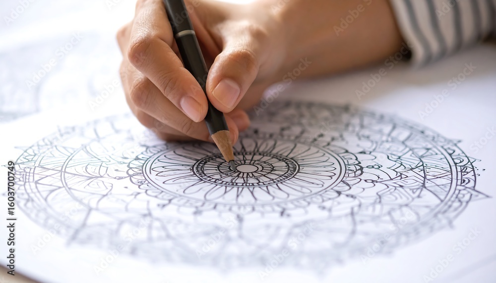 Close-up of hand drawing intricate mandala Close-up of hand drawing intricate mandala