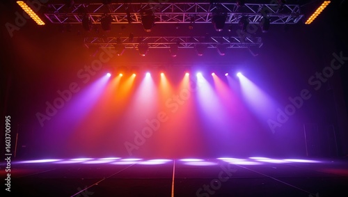 Combination of orange and purple stage lights with vibrant effect focusing at the center of the empty stage background