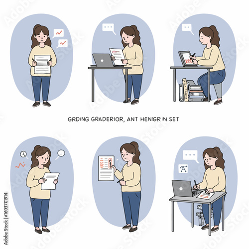 Illustrations of a woman grading, reviewing, and assessing documents and data, reflecting academic and professional evaluation processes.