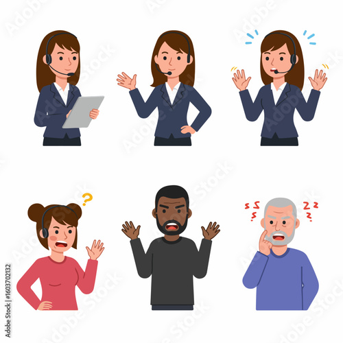 Customer Service Interactions: Cartoon Illustrations of Agents and Clients Expressing Various Emotions and Situations from Professionalism to Frustration.