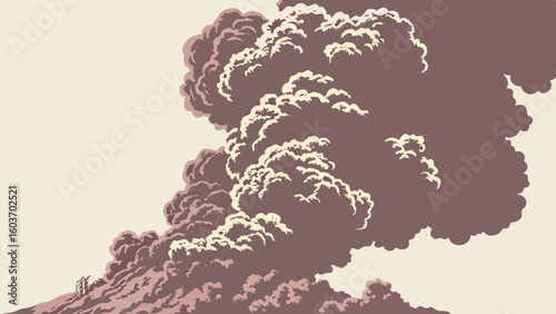 Volcanic Eruption Smoke Plume Over Mountain Landscape