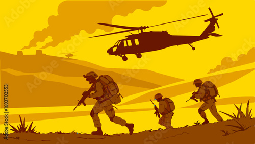 Military Soldiers Advancing with Helicopter in Combat Zone