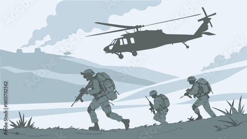 Modern Military Operation Soldiers Advancing with Helicopter Support in Tactical Landscape