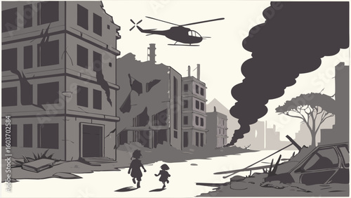 War Torn City Destruction Smoke Helicopter Children Amid Rubble