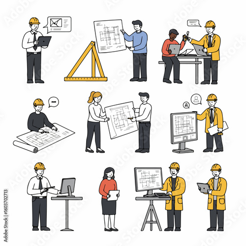 A collection of diverse architects and engineers collaborating, designing, and planning construction projects, showcasing teamwork and professional roles in the building industry.
