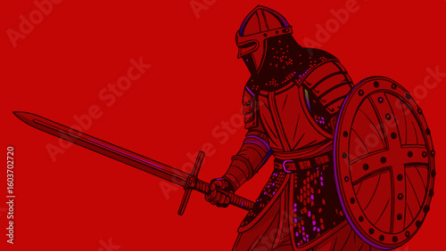 Medieval Knight Armor Illustration with Sword and Shield on Red Background
