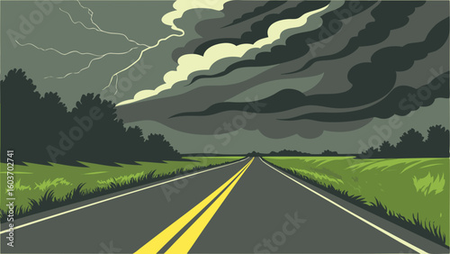 Dark Storm Clouds Over Empty Road with Lightning in Dramatic Landscape